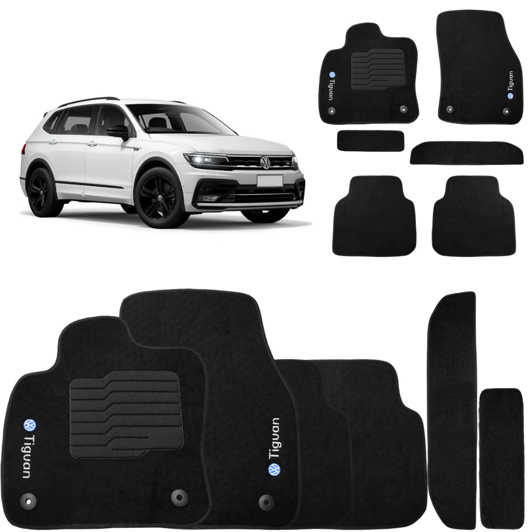 Jogo de Tapete Carpete Tiguan 2018 a 2025 Preto 7 Lugares Fixação Original
